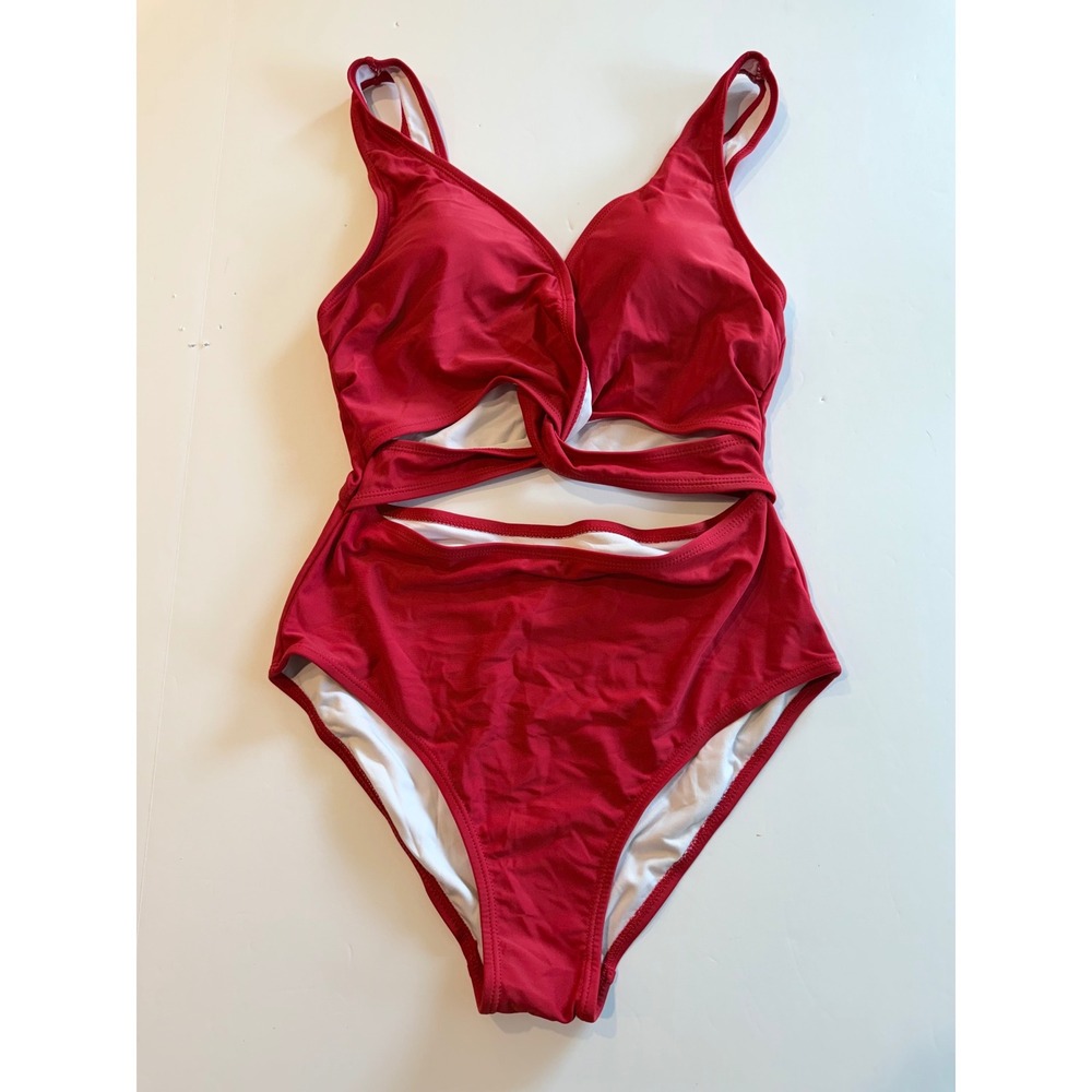 Red Twist Front Cutout One Piece Swimsuit Monokini Womens High Waist S